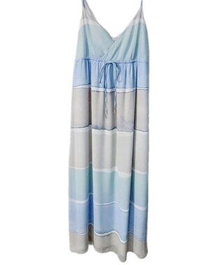 Lauren Conrad Maxi Dress Size 14 Blue Grey Stripes Lined Boho Length 50"